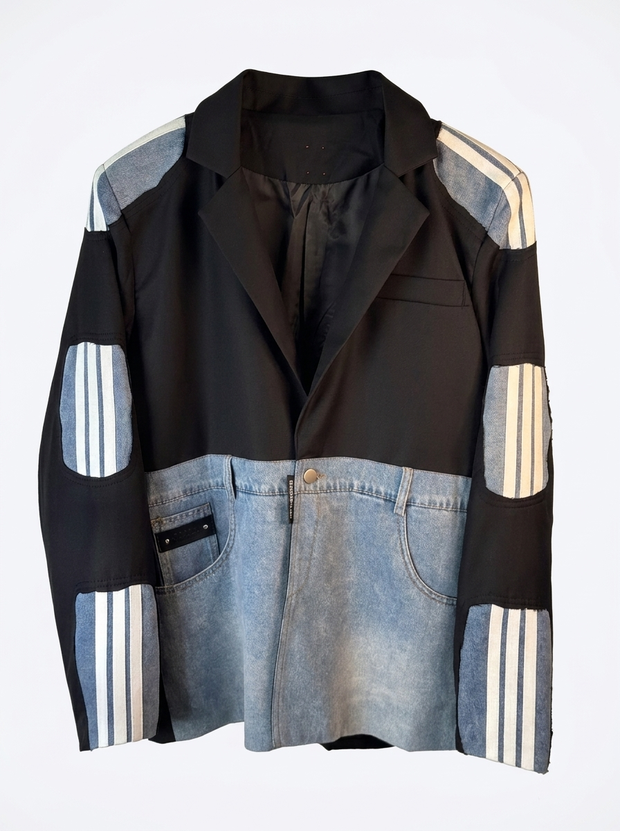 Denim Panel Track-Stripe Blazer — Black, front