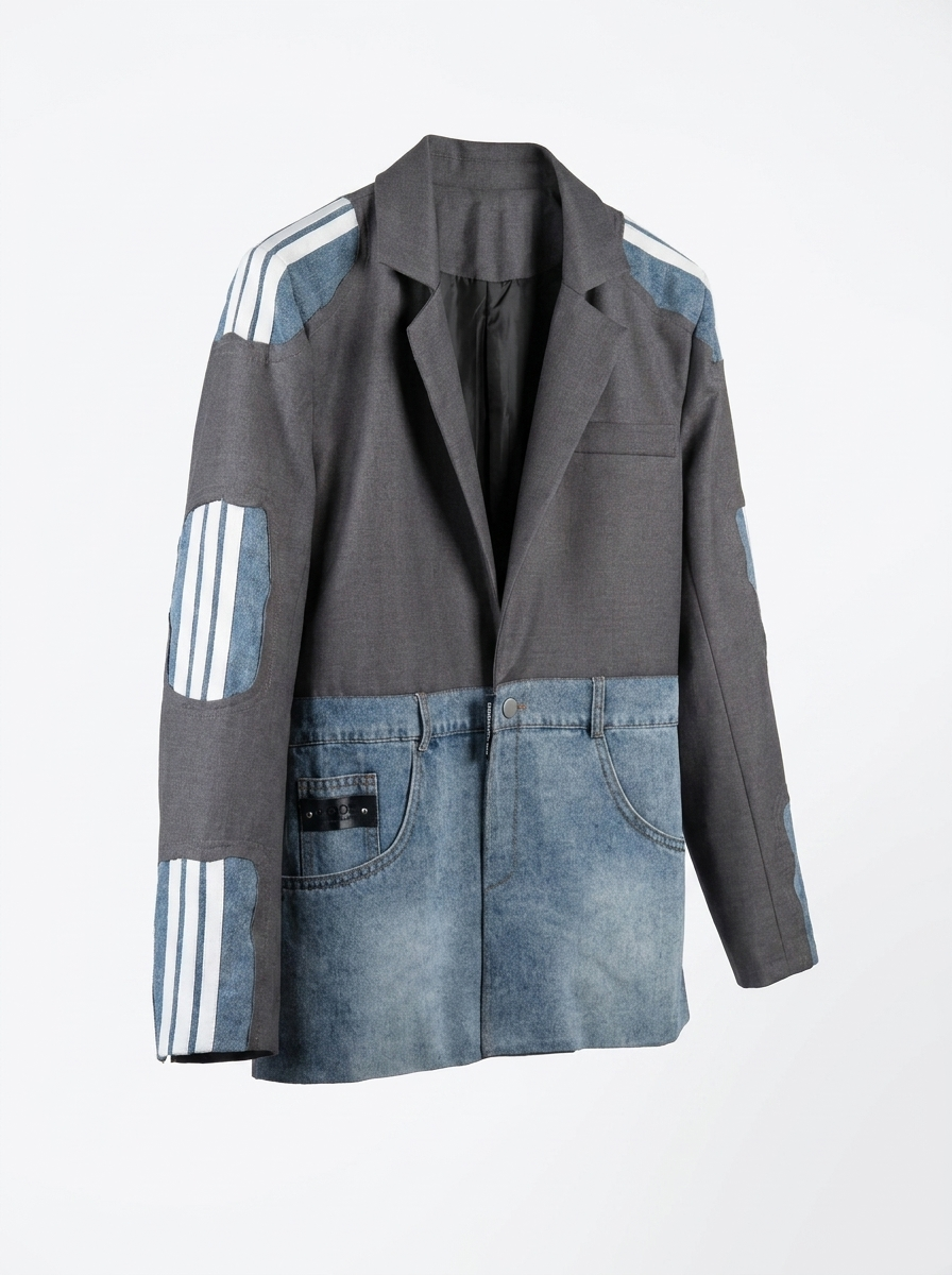 Denim Panel Track-Stripe Blazer — Grey, side