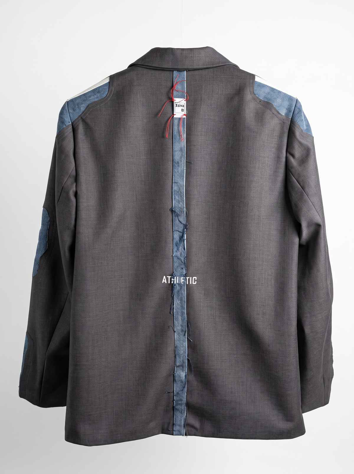 Denim Panel Track-Stripe Blazer — Grey, back