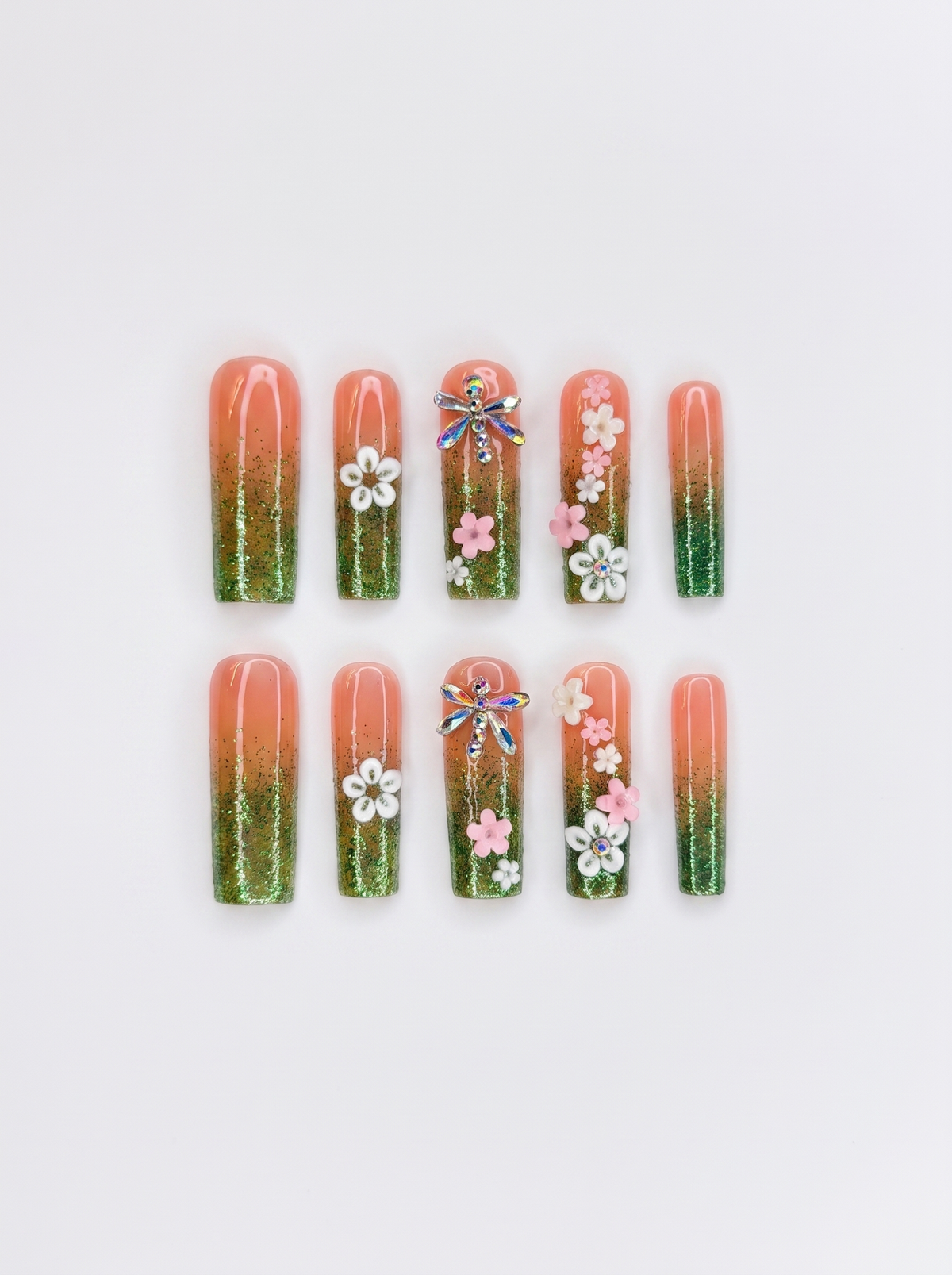 Dragonfly & Floral Glitter Nails