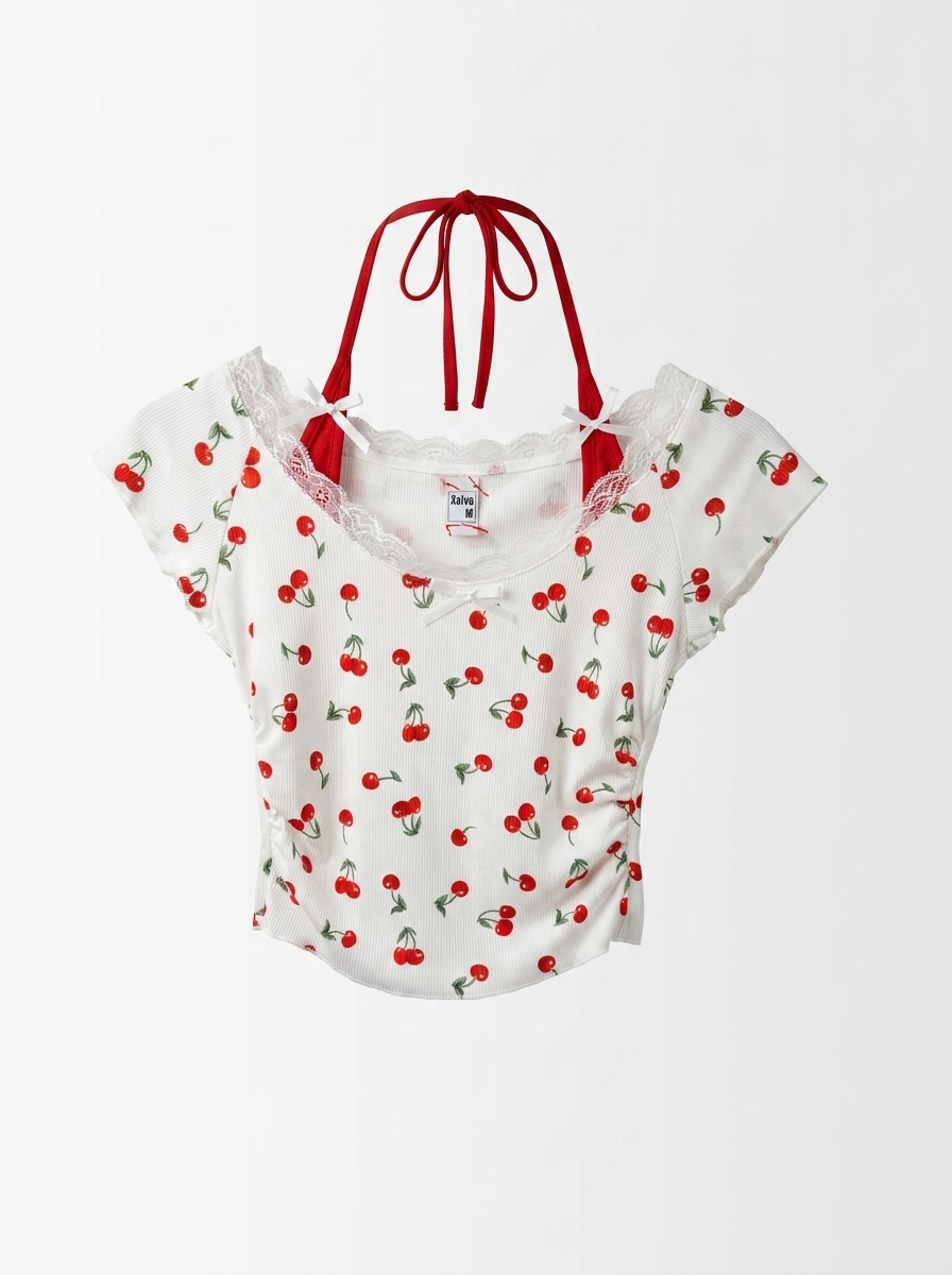 Cherry Print Lace Top — alternate view
