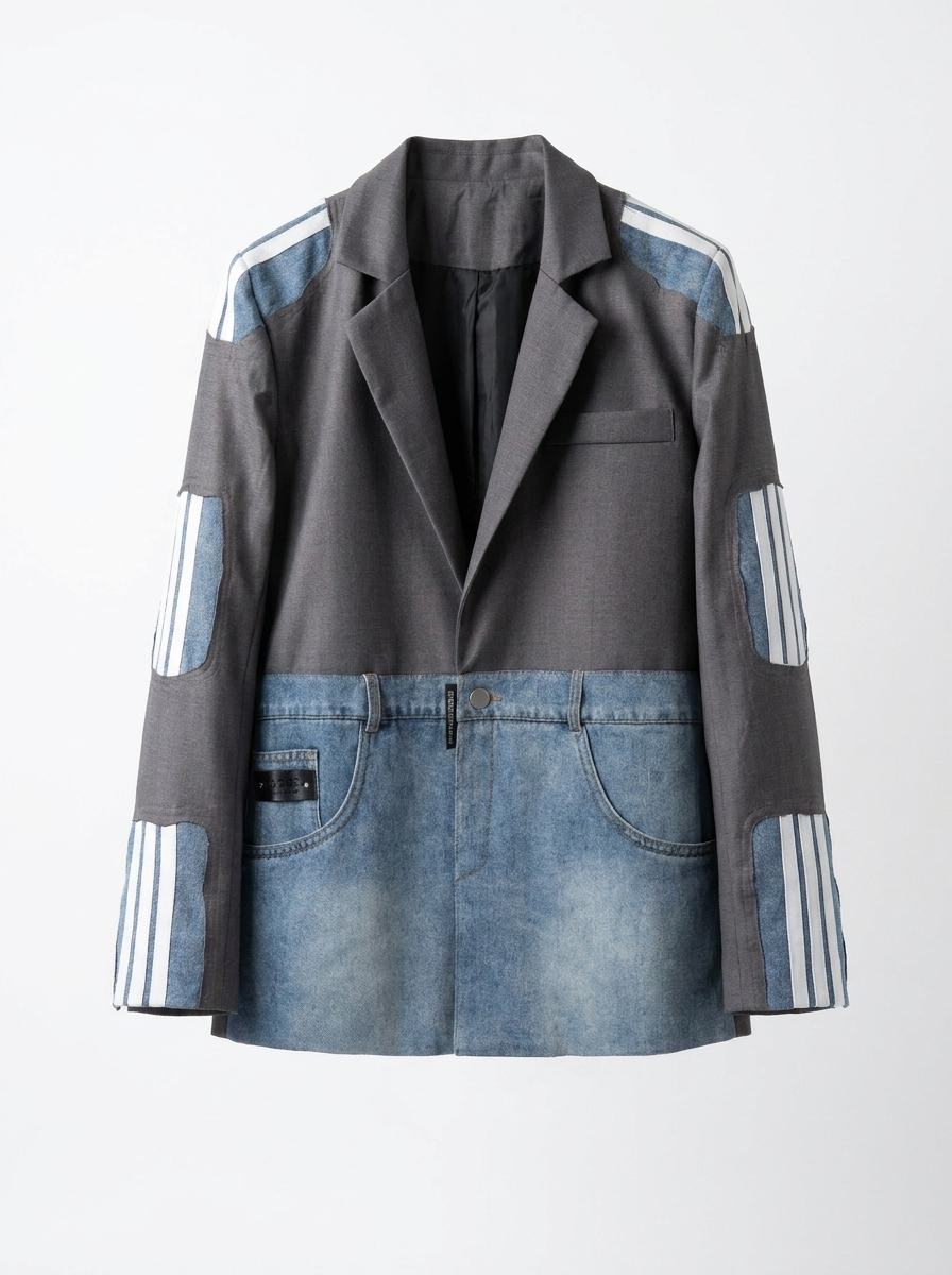 Denim Panel Track-Stripe Blazer — Grey, front