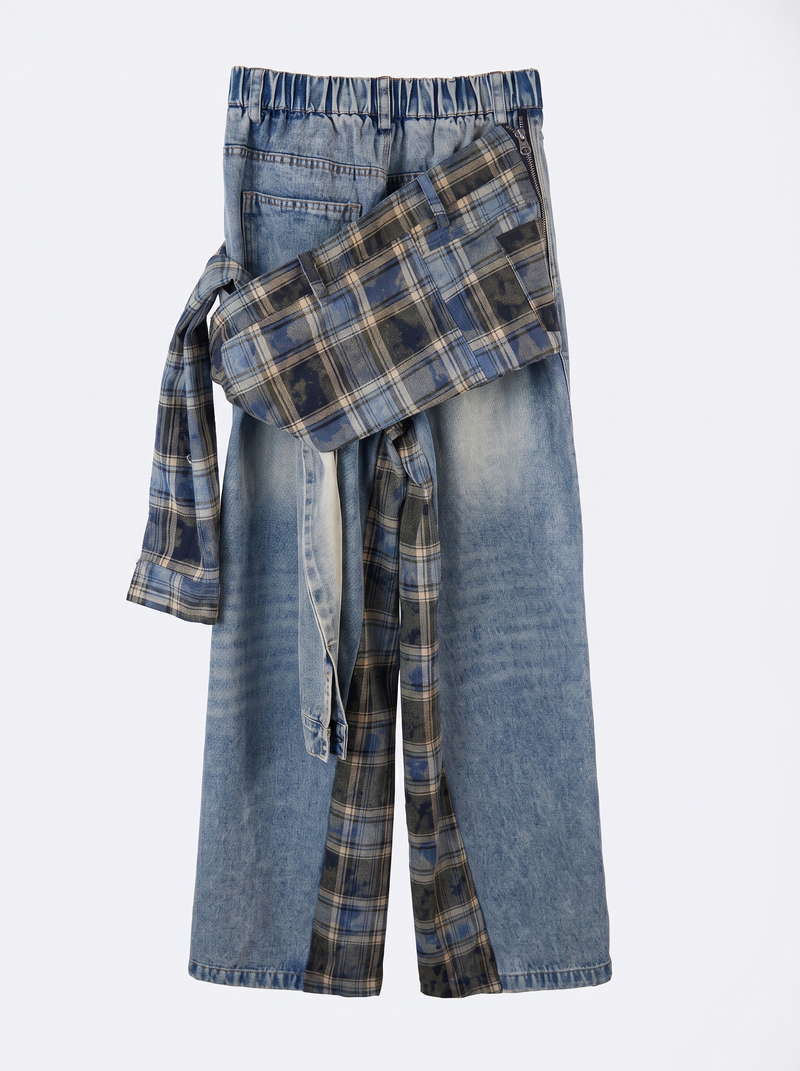 Patchwork Denim & Plaid Wrap Jeans