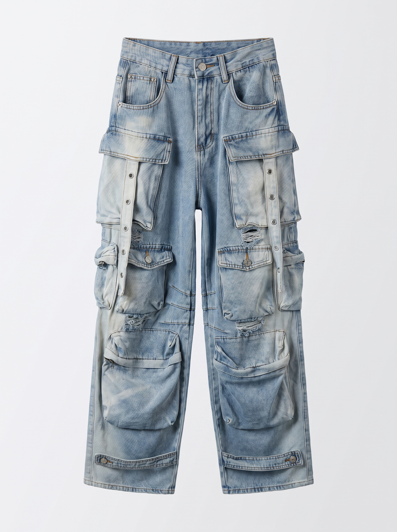 Multi-Pocket Cargo Wide-Leg Jeans