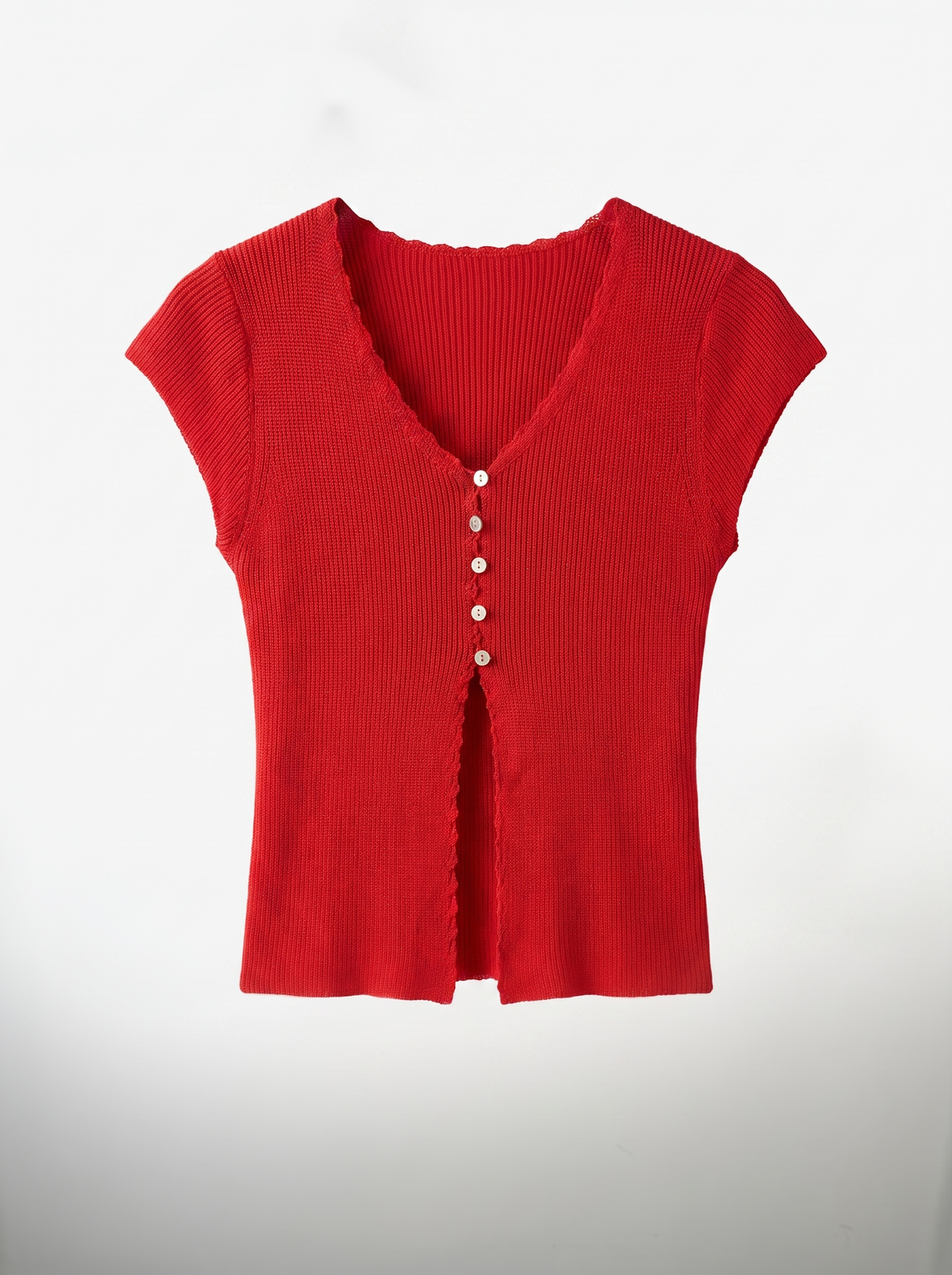 Ribbed Button-Front Cap-Sleeve Top