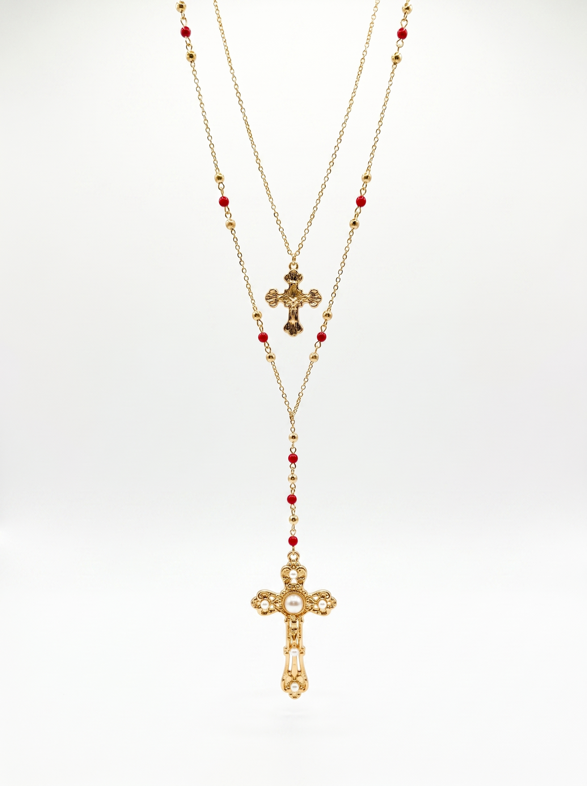 Layered Rosary Cross Necklace