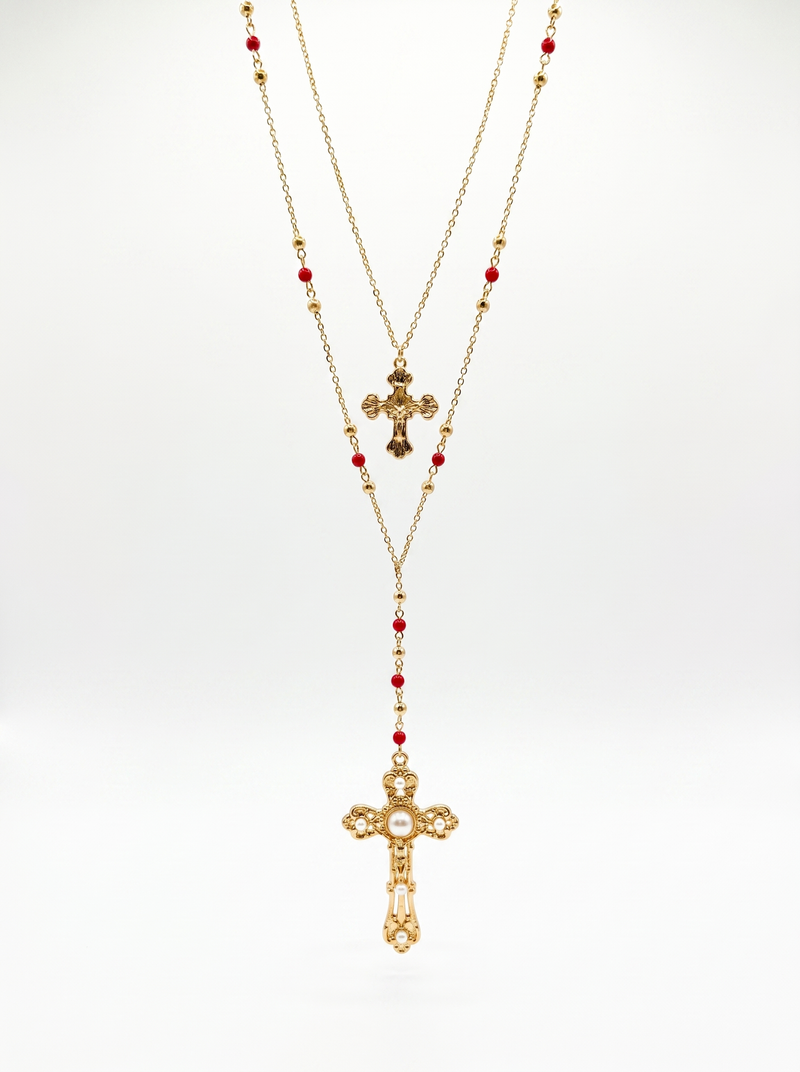 Layered Rosary Cross Necklace
