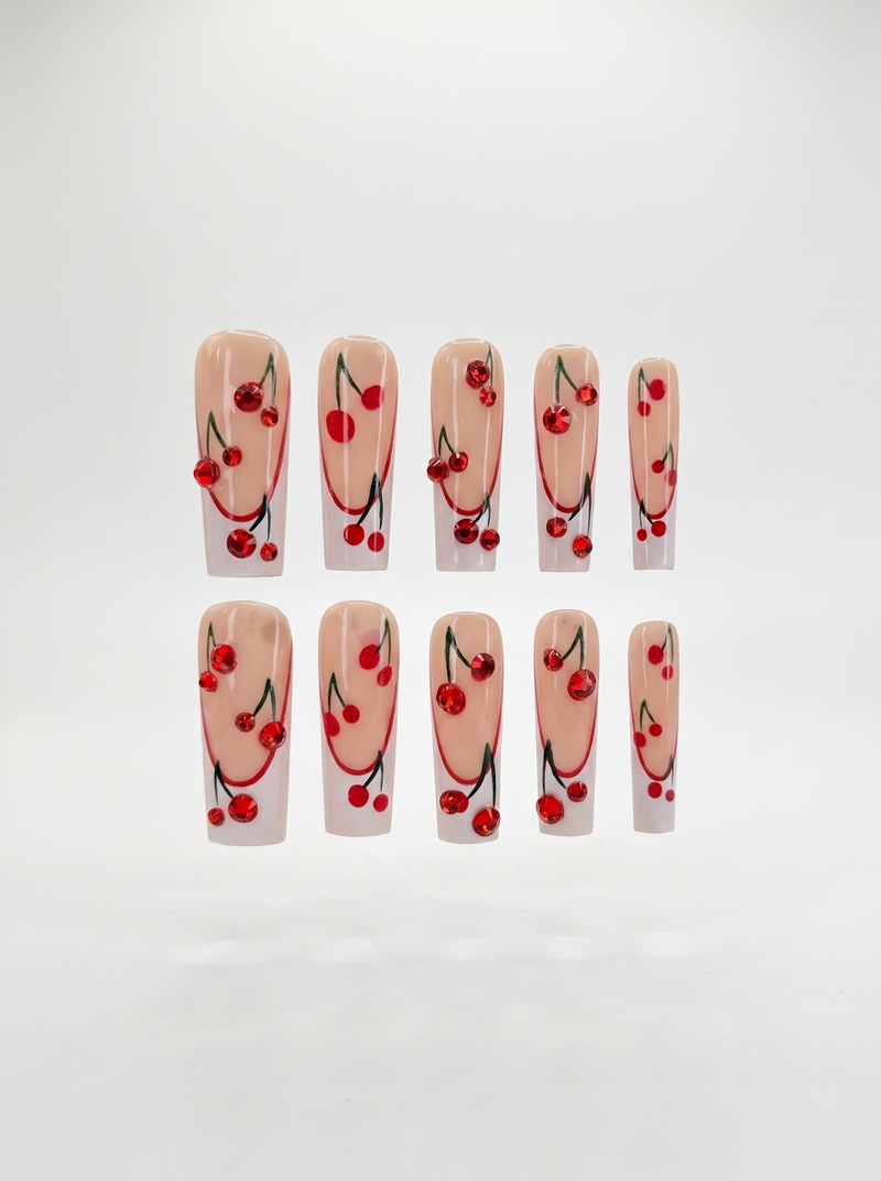 Cherry Rhinestone Coffin Nails