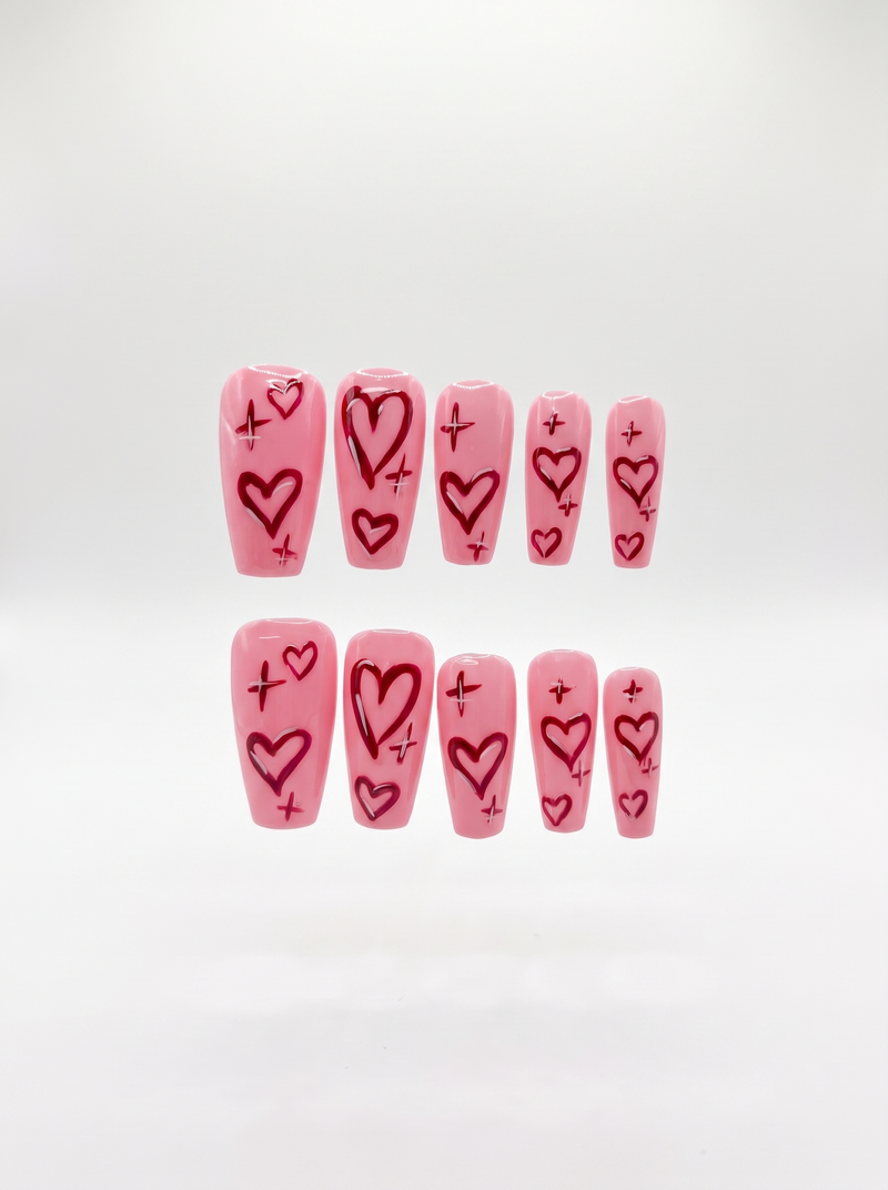 Doodle Heart Coffin Nails