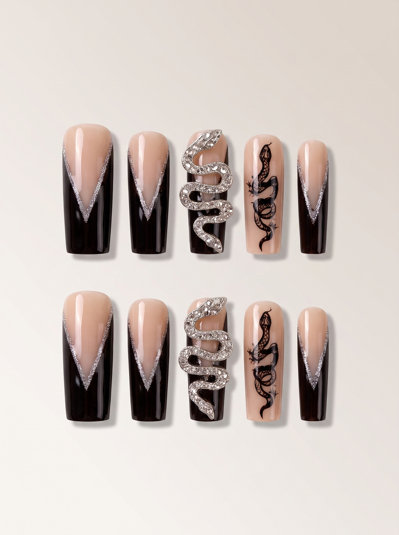 Rhinestone Snake Coffin Nails