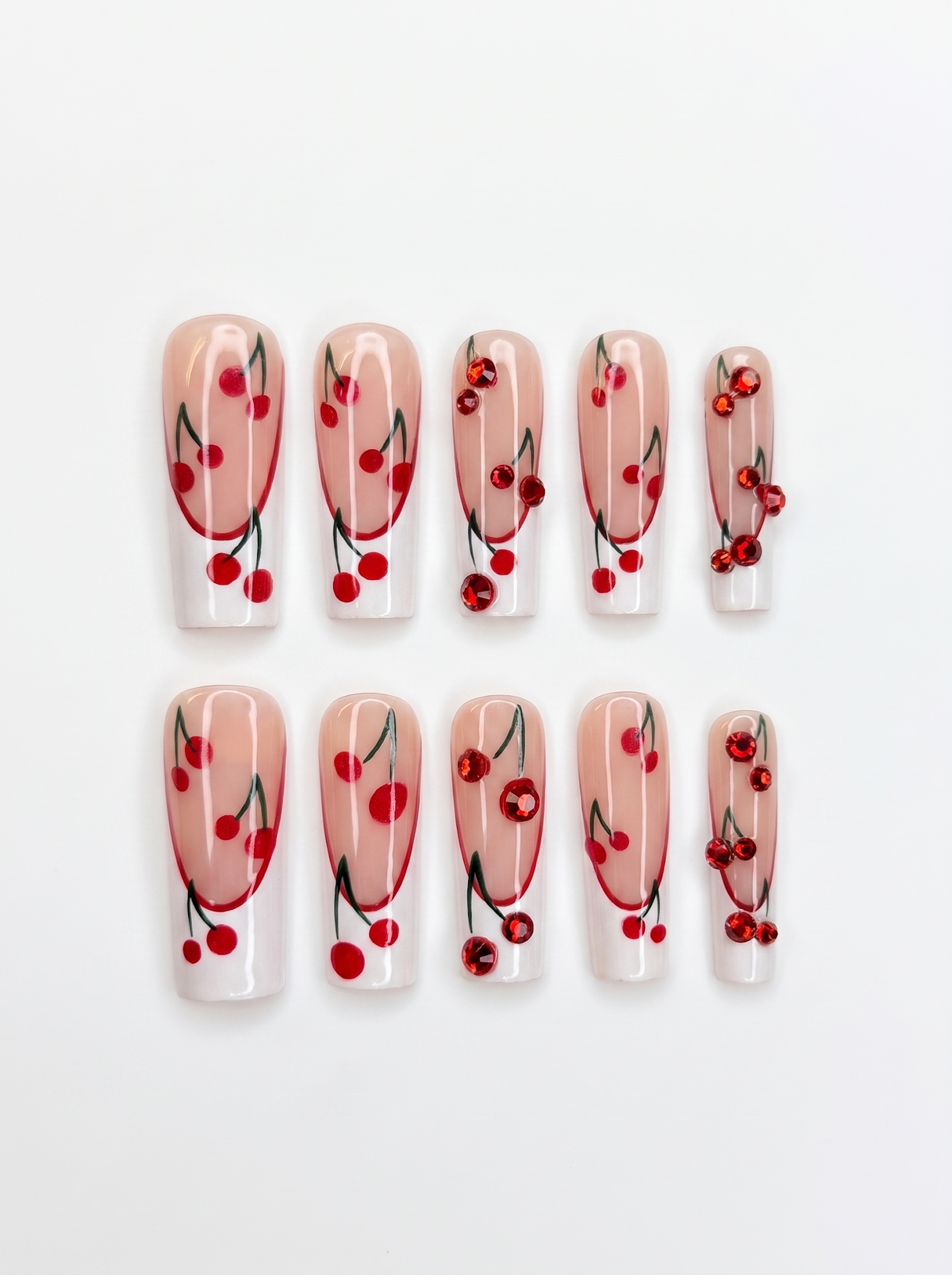 Cherry Rhinestone French Nails